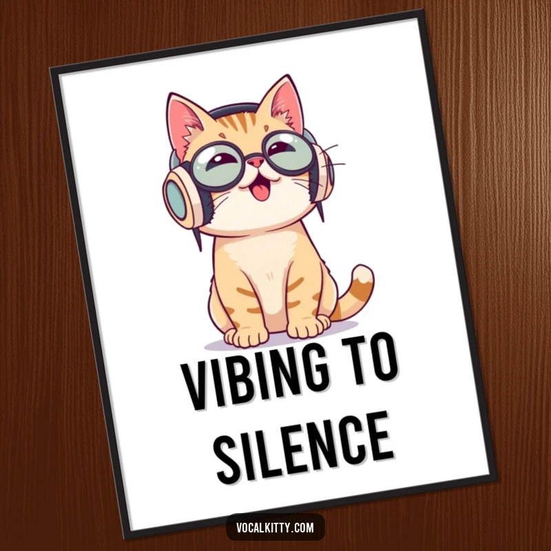 Funny poster art of a cat wearing oversized headphones and enthusiastically bobbing its head to music, full of rhythm.