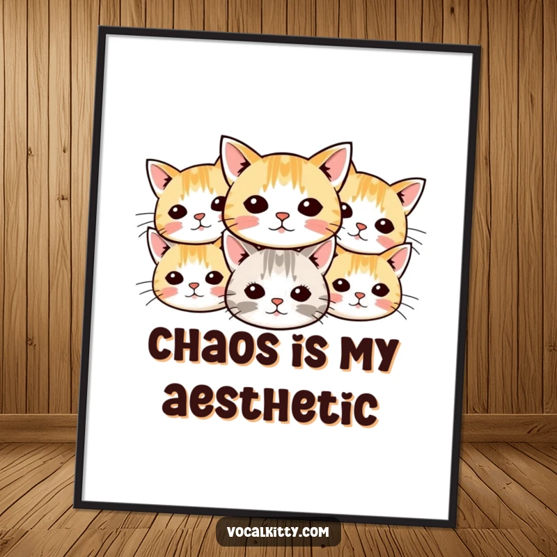 Funny cat poster featuring a vibrant display of small cartoon cat heads with whiskers radiating outwards, creating a cheerful and humorous artistic piece.