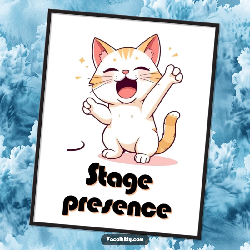 Funny poster capturing a cartoon cat character in a highly dramatic singing pose, radiating passion and stage presence.