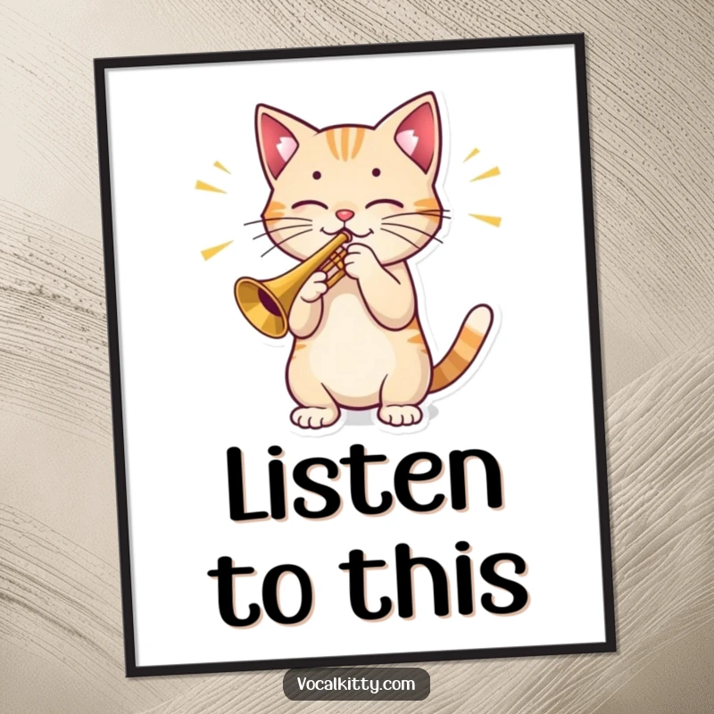 Funny Cat Poster: An art print of a cat playing a miniature trumpet, with bold, emanating sound waves illustrating its powerful musical performance.