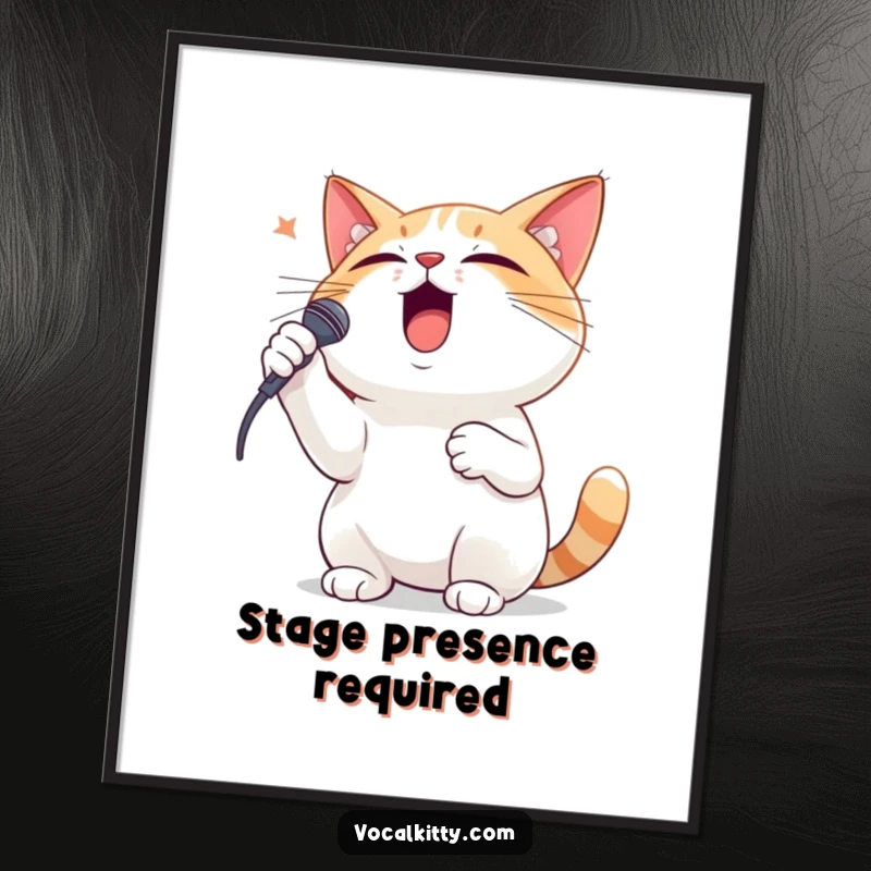 Funny poster of a dramatic cat singer, paw on chest, performing a passionate operatic piece.