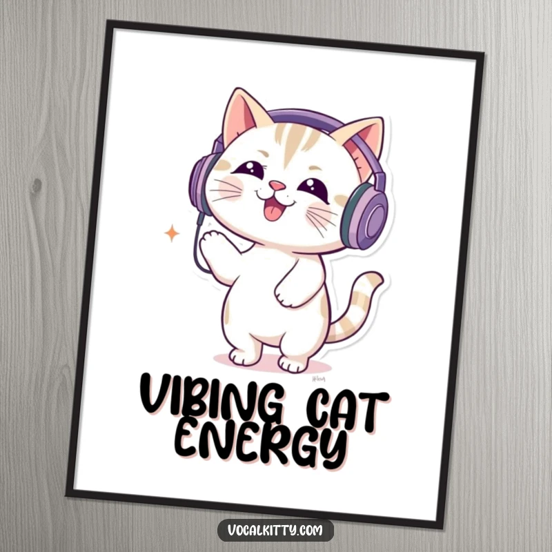 Funny poster featuring a cat wearing oversized headphones, bouncing enthusiastically to loud music, radiating fun.
