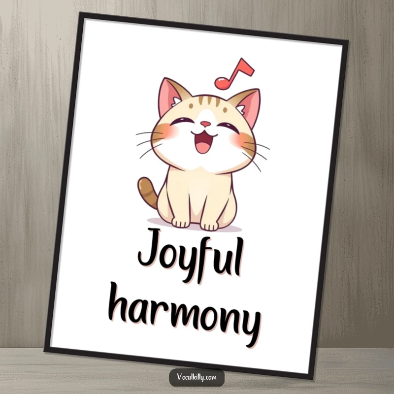 Funny overjoyed cat poster, a musical note above its head, depicting pure delight and a passion for music.