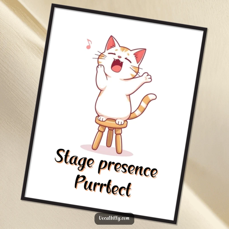 Funny singing cat poster, standing on a stool, belting out a song with dramatic flair.