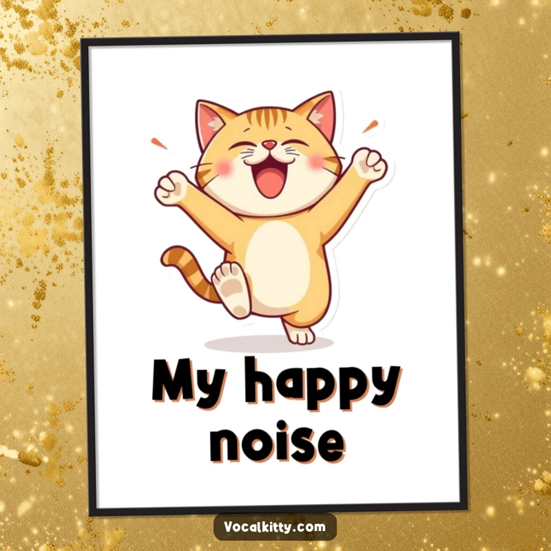 Funny Poster depicting a cat character stomping its feet with impressive, happy loudness, showcasing playful determination.