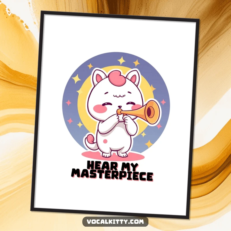 Funny poster art of a character using its voice box as a trumpet, producing vibrant, colorful sound with great energy.