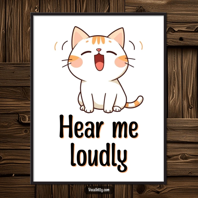 Funny poster art of a simplified cat with its mouth open wide, emitting visible sound waves, representing a loud meow.