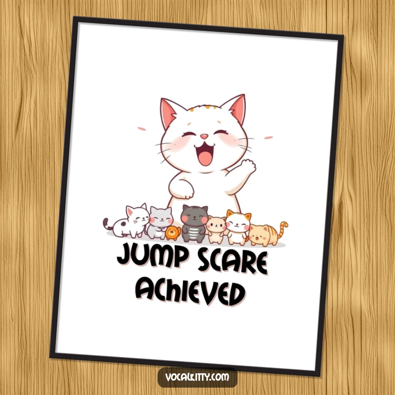 Funny cat poster art depicting a cat unleashing a loud meow that comically startles a row of small, adorable animals.