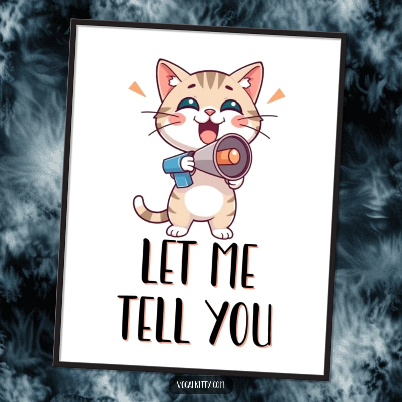 Funny energetic cat holding a tiny megaphone, shouting with boisterous enthusiasm, as a poster.