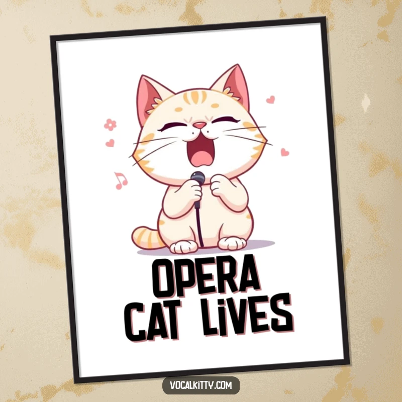 Funny poster featuring a cat character in mid-opera aria, with dramatic posture and an expressive, open mouth.