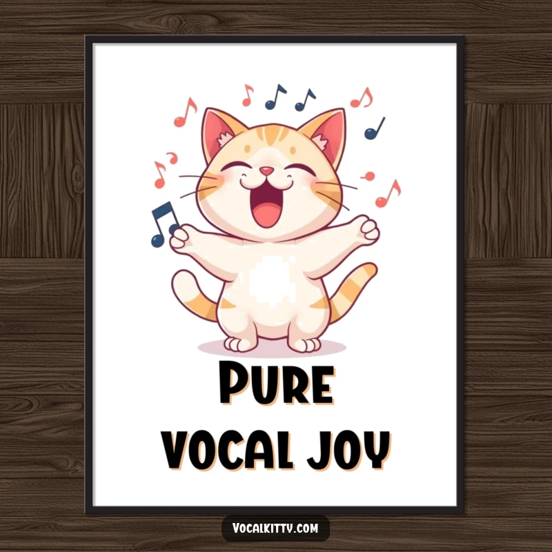 Funny Poster art of a cat character singing loudly and joyfully, with musical notes swirling vibrantly.