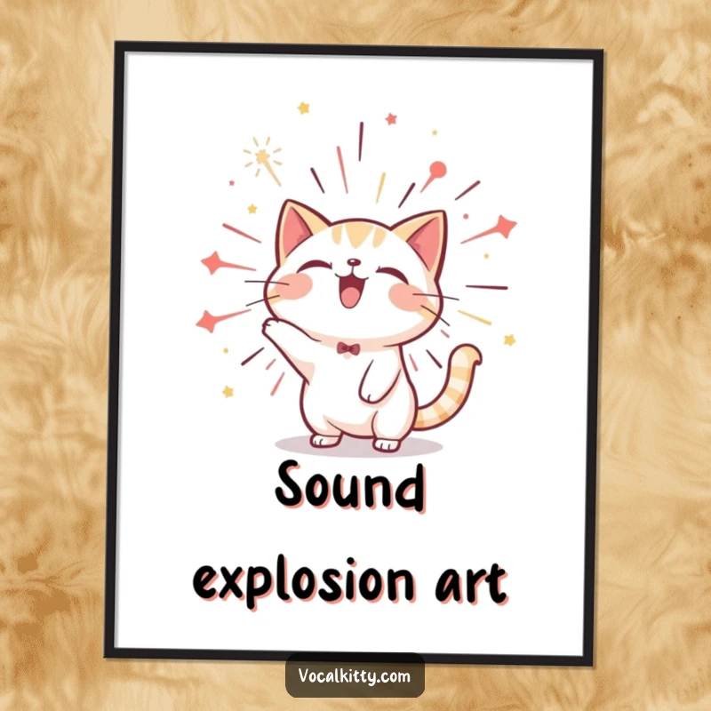 Funny cat poster featuring a character exploding with joyful sound akin to a vibrant firework, bringing festive energy to decor.