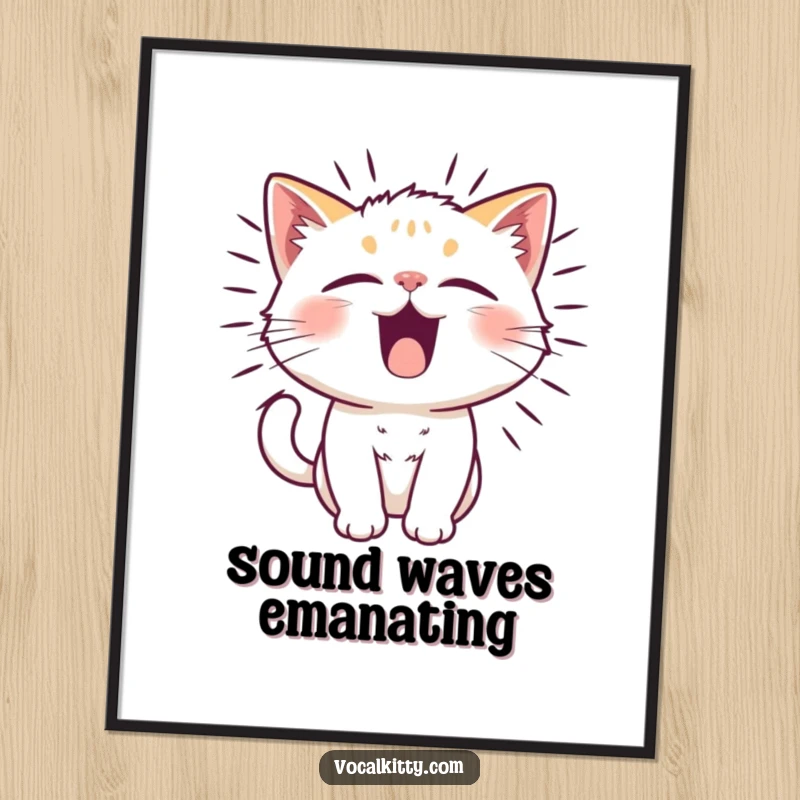 Funny cat character with fur vibrating from a powerful, funny noise, displayed as a humorous poster.