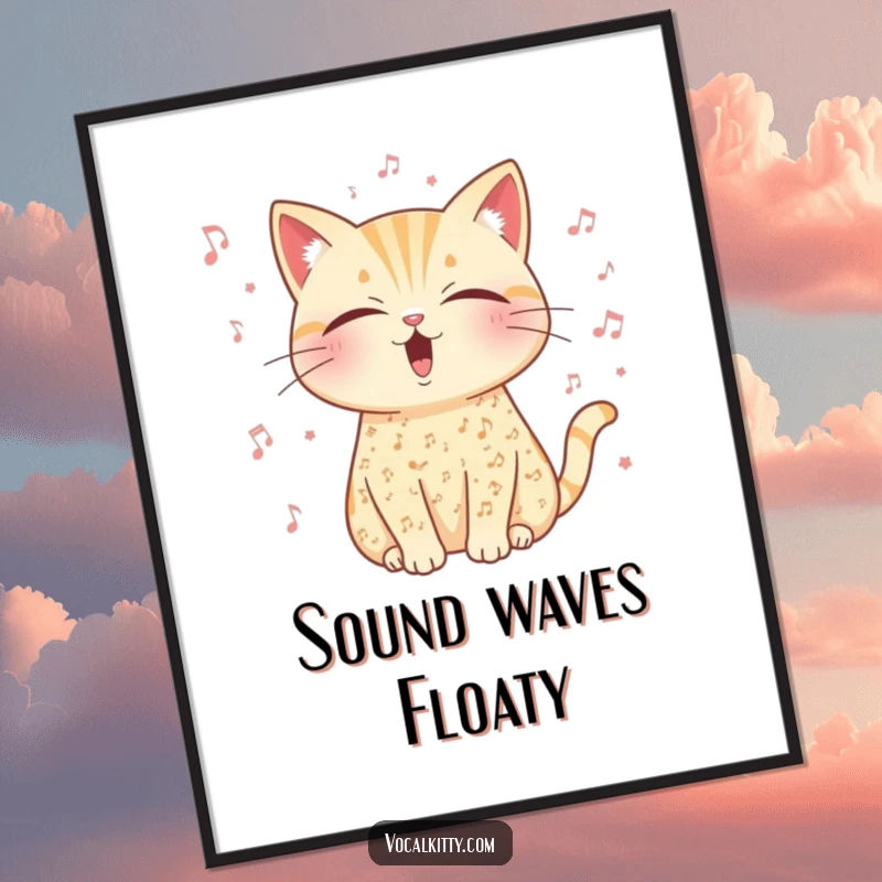 Funny musical cat poster, covered in musical notes, eyes closed in deep, peaceful vocal exertion.