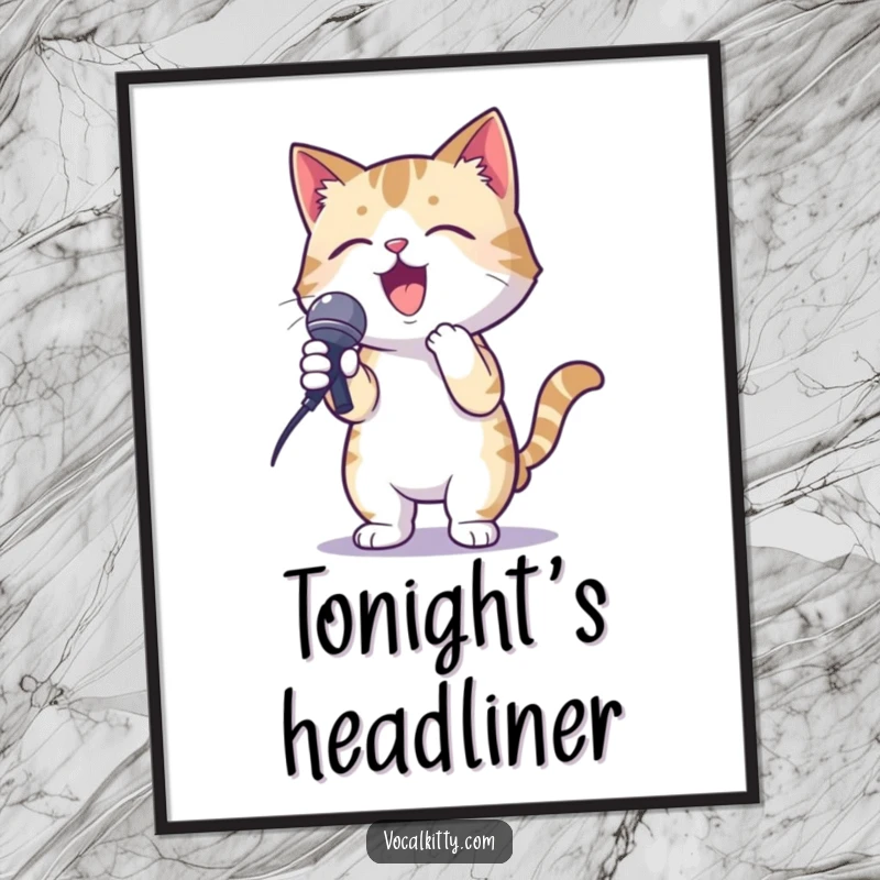 Funny poster of a cat in a dramatic karaoke pose, passionately holding a microphone, perfect for wall decor.