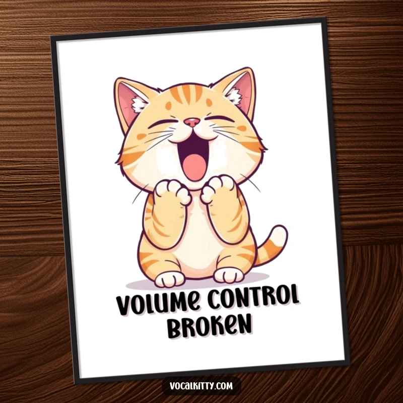 Funny cat poster art of a determined cat cupping its paws around its mouth, practicing an incredibly loud and humorous yell.