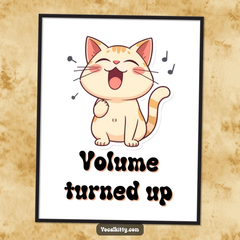 Funny poster depicting a stylized cat singing with immense passion, surrounded by comically large, vibrating sound waves.