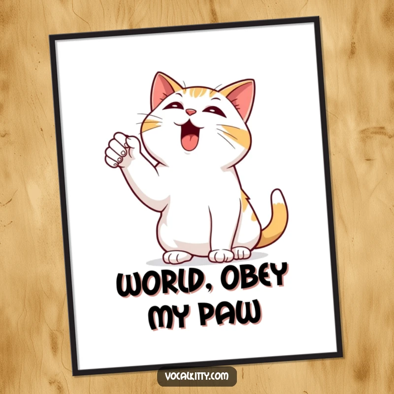 Funny poster of a black cat dramatically pointing a paw to the sky and bellowing with theatrical, humorous intensity.