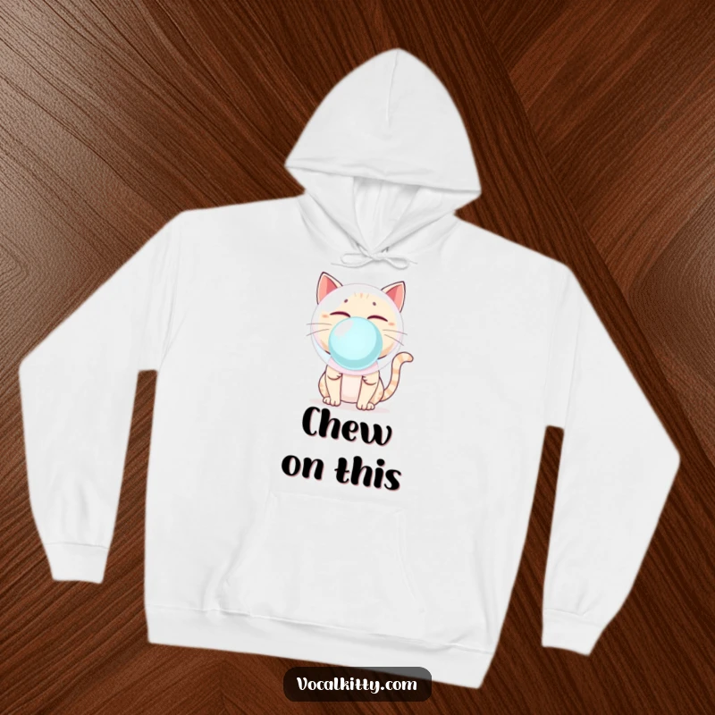 Funny Cat Blowing Giant Bubblegum Bubble About to Pop Hoodie - Cozy & Humorous Feline
