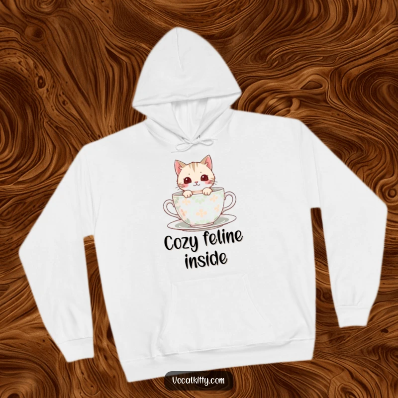 Funny Hoodie featuring a cat peeking out from a large, decorative teacup, symbolizing cozy comfort.