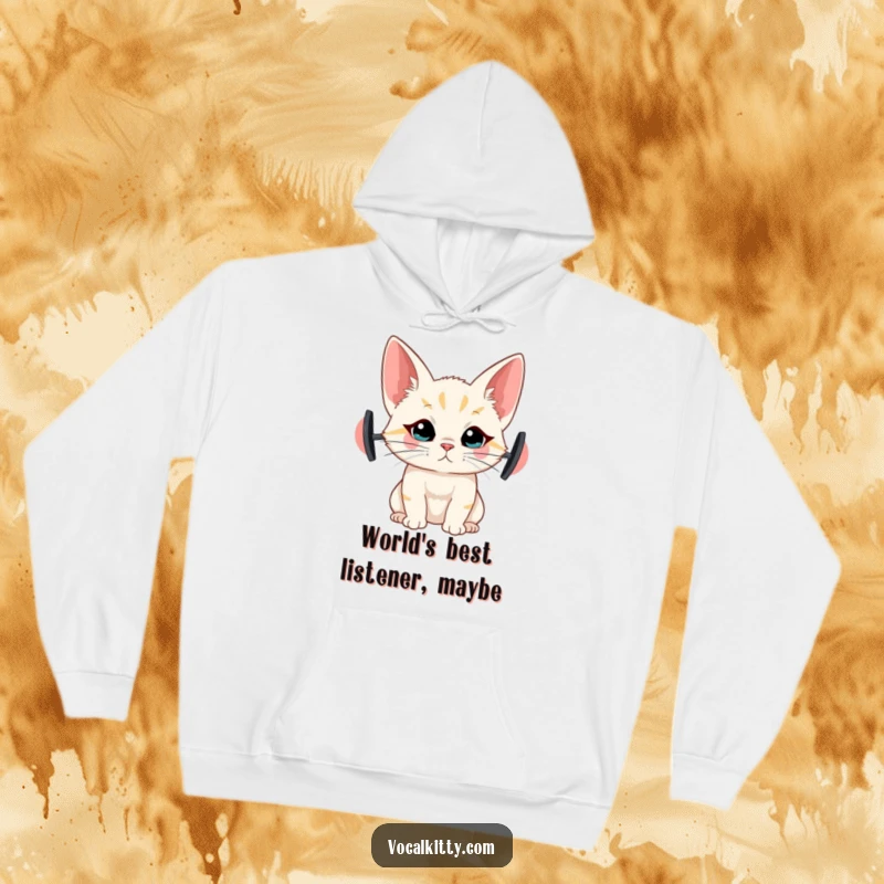 Funny hoodie with a cat possessing comically large ears, depicted in a listening pose, offering warmth and humor.