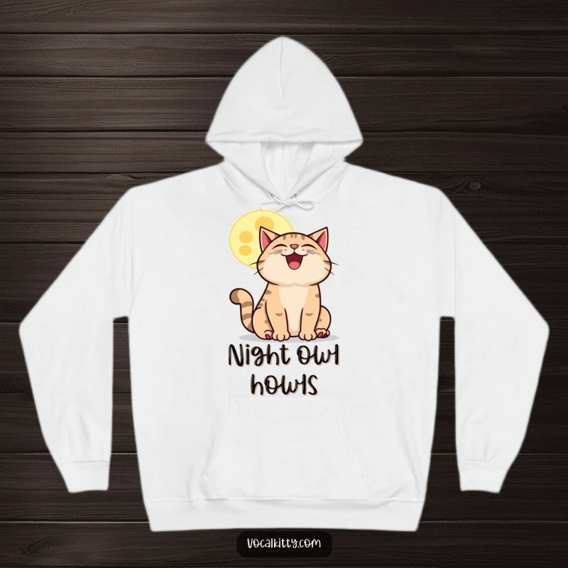 Funny howling cat moon hoodie, featuring a grinning cat howling at a friendly cartoon moon, perfect for cozy nights.