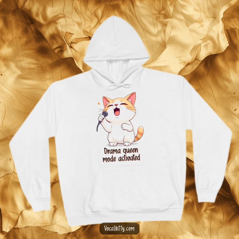 Funny hoodie with a dramatic cat singing passionately, one paw on its chest, ready for a show.