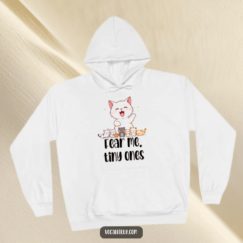 Funny cat hoodie featuring a cat mid-meow, startling a line of small, wide-eyed creatures, creating a humorous and endearing scene.