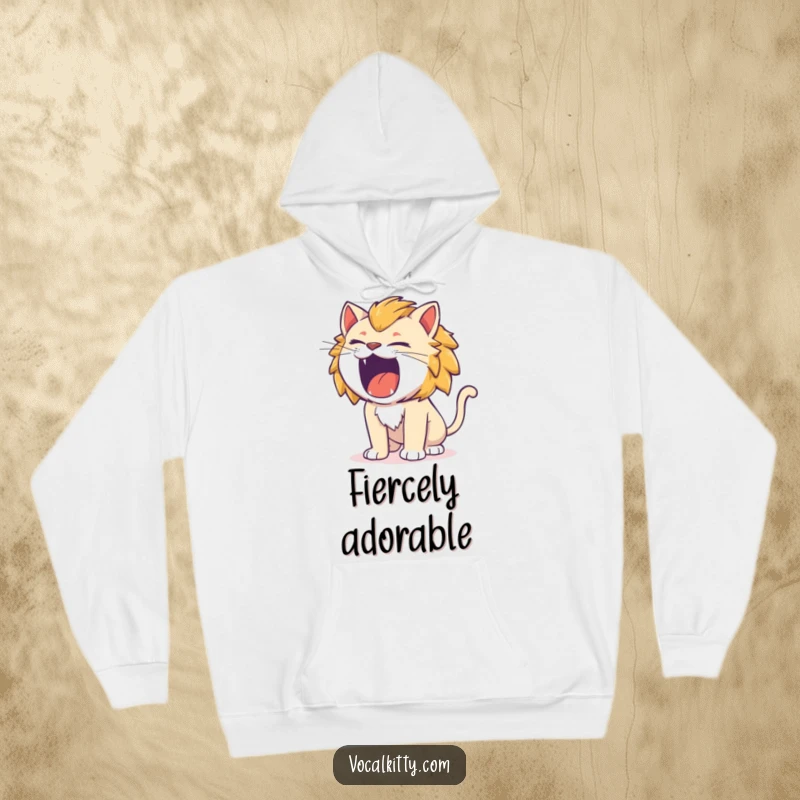 Funny cat wearing a hoodie, roaring like a tiny lion, comical and warm.