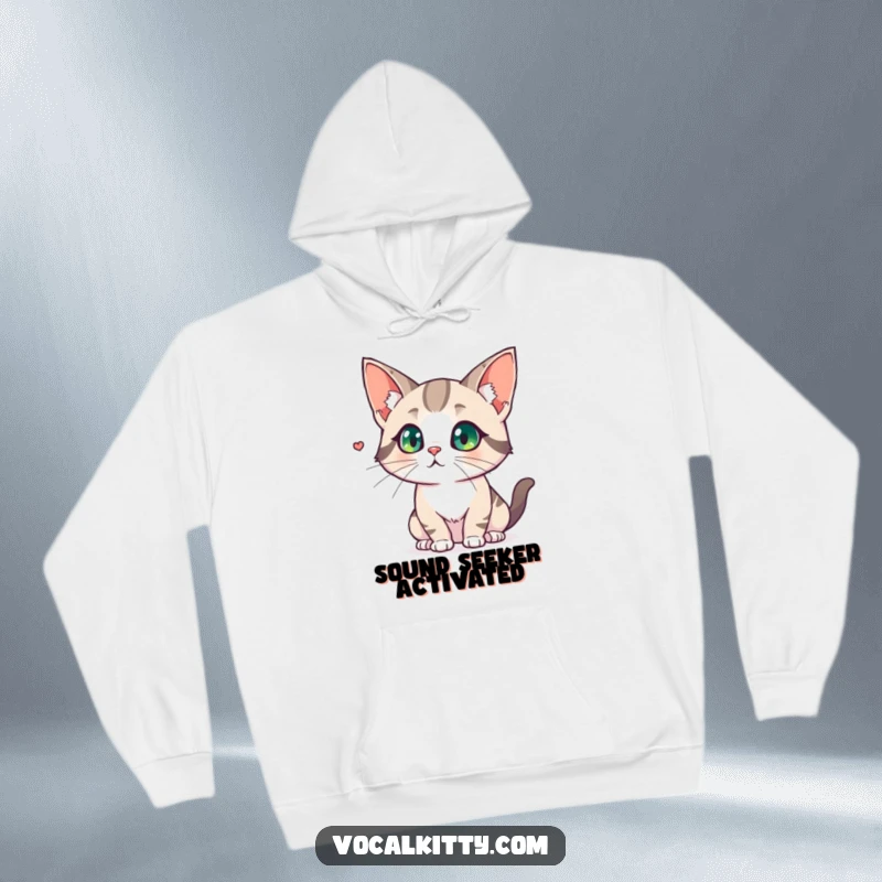 Funny hoodie depicting a cat with comically large, flared ears, intensely focused on a distant, unseen noise.
