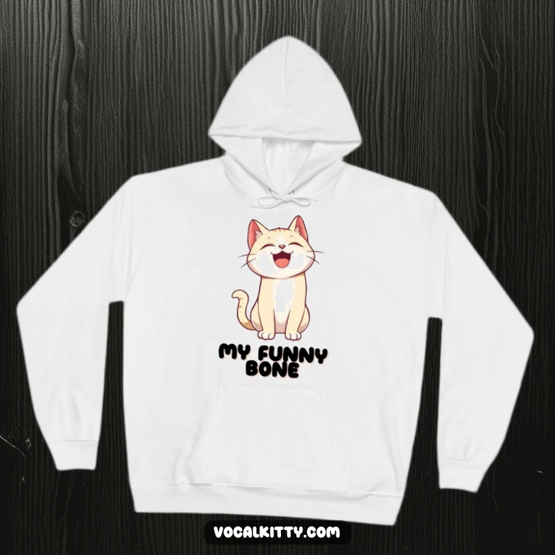 Funny hoodie with a cartoon cat character in a deep, hearty laugh, head thrown back in pure amusement and happiness.