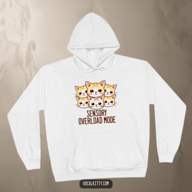 Funny cat hoodie featuring multiple small cartoon cat faces with whiskers radiating outwards, creating a cozy and humorous all-over print.