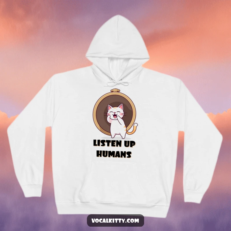 Funny cat character unleashing a massive sound boom while ringing a huge bell, depicted on a cozy hoodie.