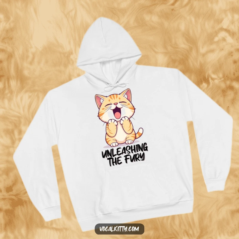 Funny cat hoodie featuring a cat practicing a loud yell, paws held to its mouth, ready to broadcast its amplified meows.