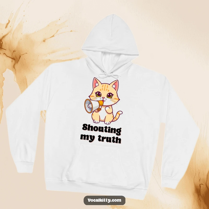 Funny determined cat hoodie, holding a megaphone, with a focused expression to deliver a clear message.