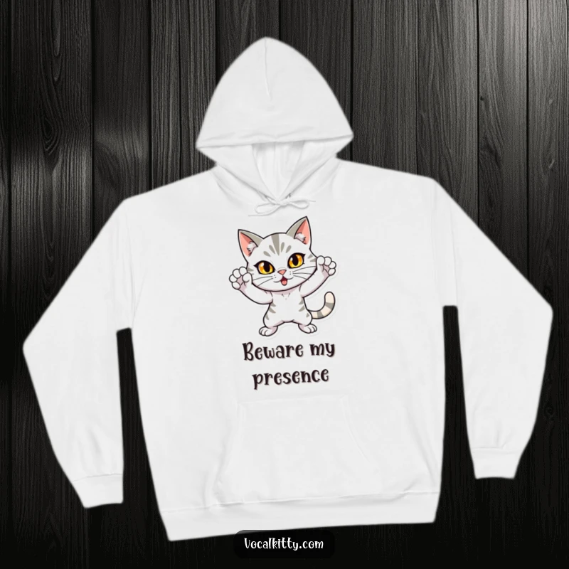 Funny hoodie featuring a dramatic cat striking a loud, attention-grabbing pose, perfect for those who love to make an entrance. Hilarious apparel.