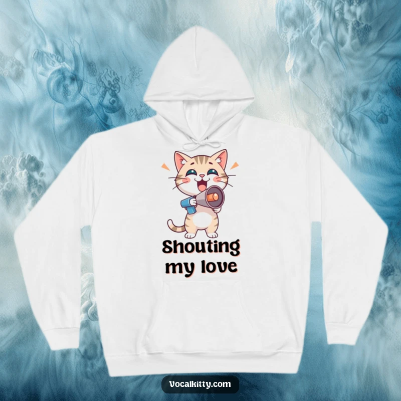 Funny cat character holding a tiny megaphone, expressing boisterous enthusiasm, wearing a cozy hoodie.