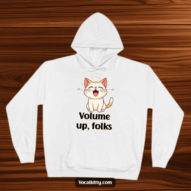 Funny hoodie with a cat emitting amplified sound waves, symbolizing loud expressions and bold communication. Warm and humorous wear.