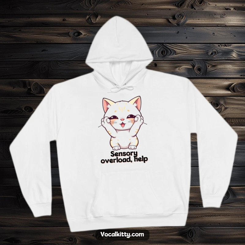 Funny hoodie with a cat covering its ears, overwhelmed by its own noise, offering comfort and a humorous expression of sensory overload.