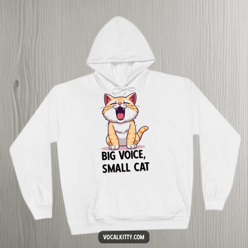 Funny roaring cat hoodie, chest puffed out, showing immense vocal power. A warm and loud statement piece.