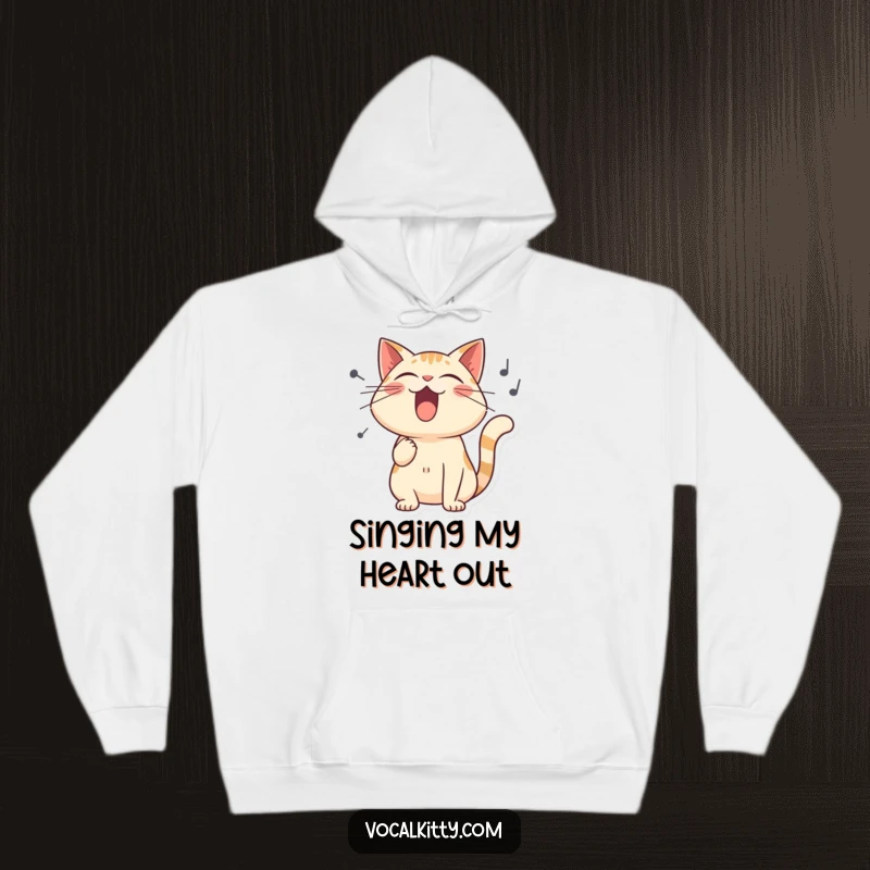 Funny hoodie featuring a stylized cat passionately singing with comically large, exaggerated sound waves spreading outwards.