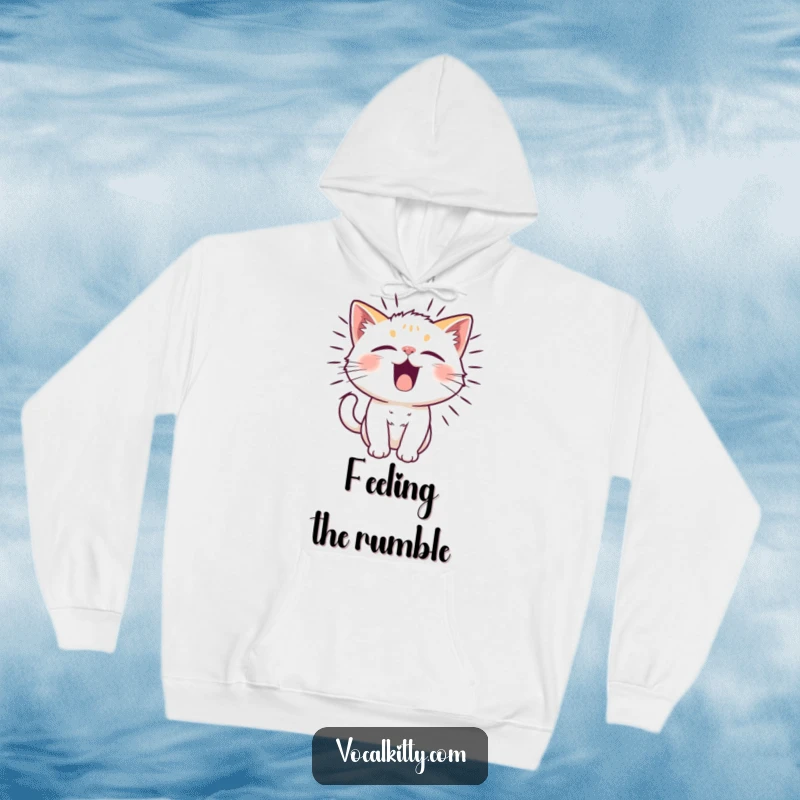 Funny cat character with fur vibrating from a powerful, funny noise, wearing a warm hoodie.
