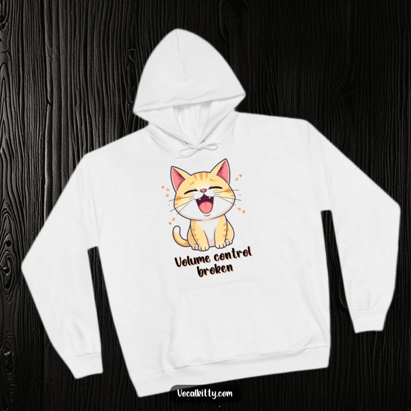 Funny Hoodie: A cat with its mouth wide open, emitting cartoon sound waves, embodying loud expressions and cozy comfort.
