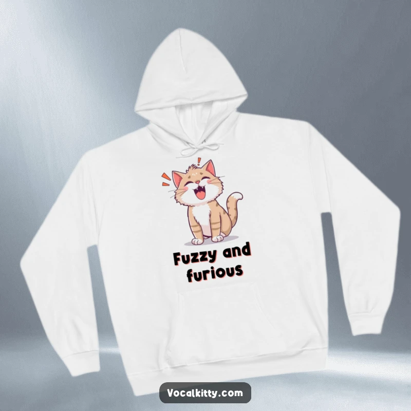 Funny shocked cat hoodie, fur on end, with a cartoon 'ROAR!' emanating. Cozy and comically startled.