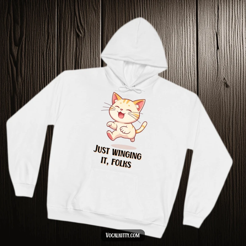 Funny cat hoodie depicting a cartoon cat leaping joyfully, with incredibly long whiskers trailing, embodying playful energy and comedic charm.
