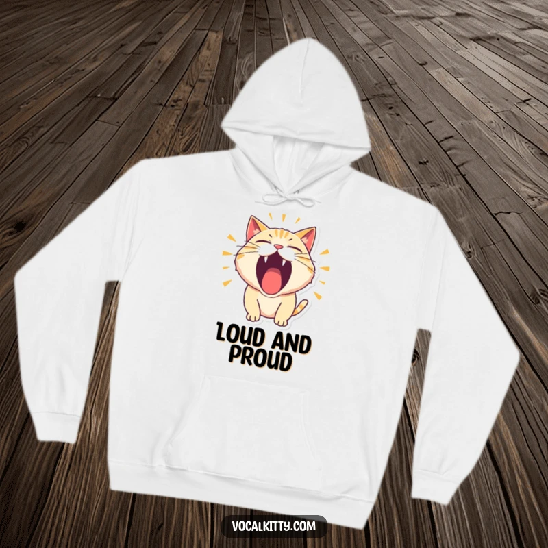 Funny Hoodie of a cat character roaring thunderously with its mouth wide open in a comical, attention-grabbing way.