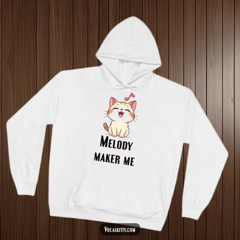Funny overjoyed cat hoodie, a musical note floating, creating a harmonious and humorous picture of delight.