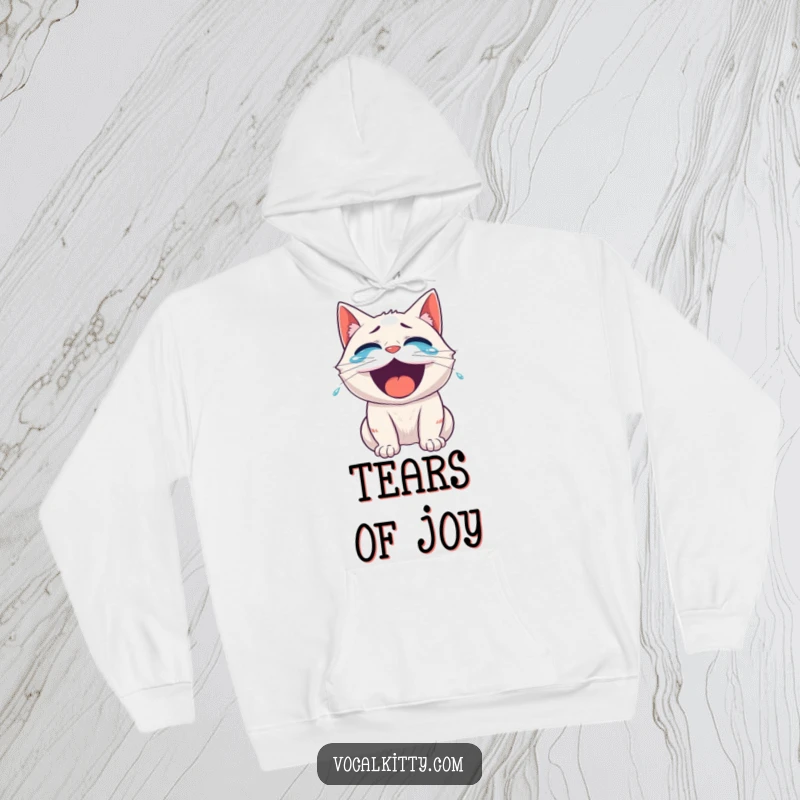 Funny cat hoodie, depicted roaring with laughter, tears of joy flowing. A design that promises comfort and hilarious moments.