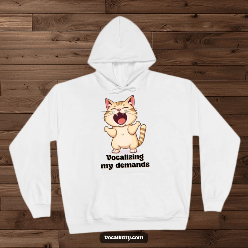 Funny hoodie illustrating a cat shaking its entire body while yelling loudly, offering warmth and humor.