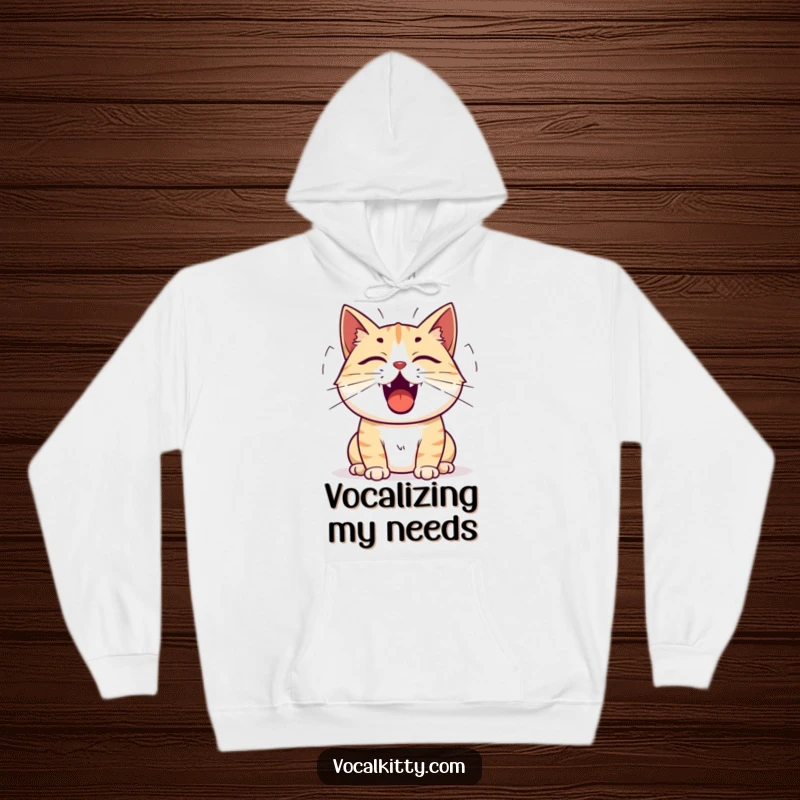Funny cat hoodie depicting a cat with an open mouth and visible sound waves, indicating a loud and expressive meow.